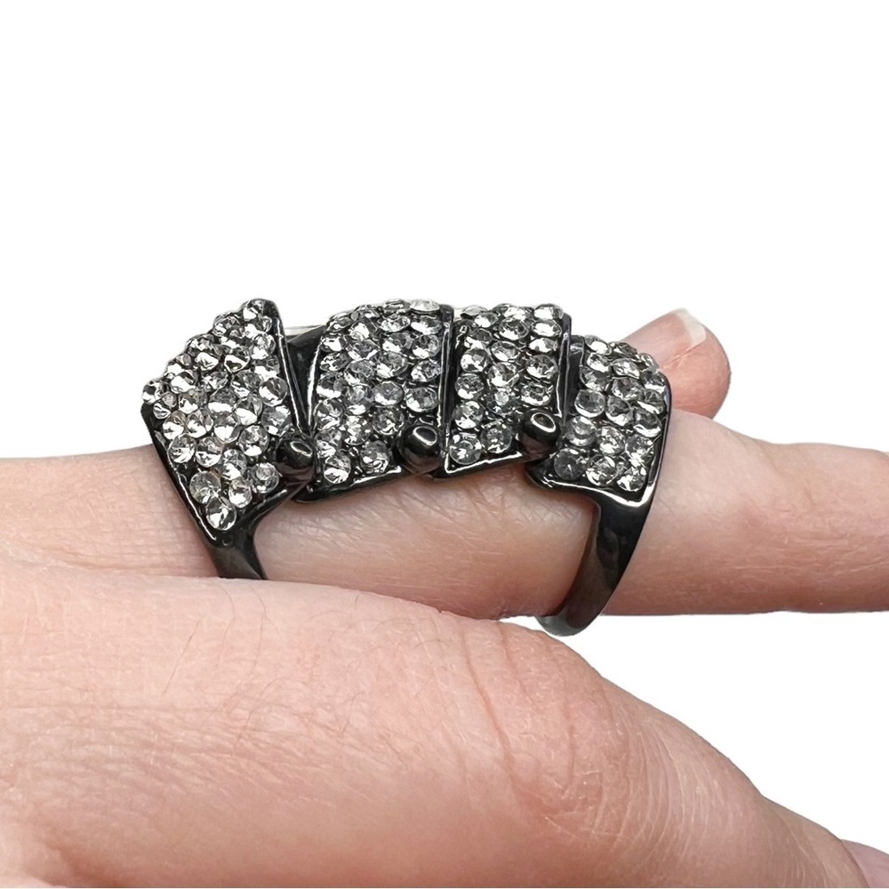 Gunmetal Gray Clear Rhinestone Articulated Hinged Knuckle Ring